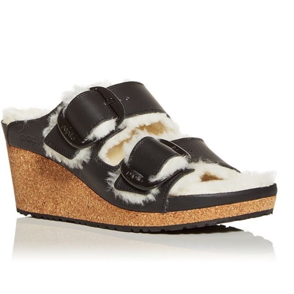 Papillio by Birkenstock Nora Big Buckle Leather & Shearling Wedge Sandal US8/39